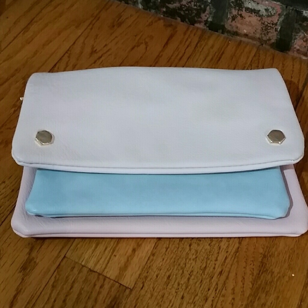 White blue pink double zip large clutch bag faux leather